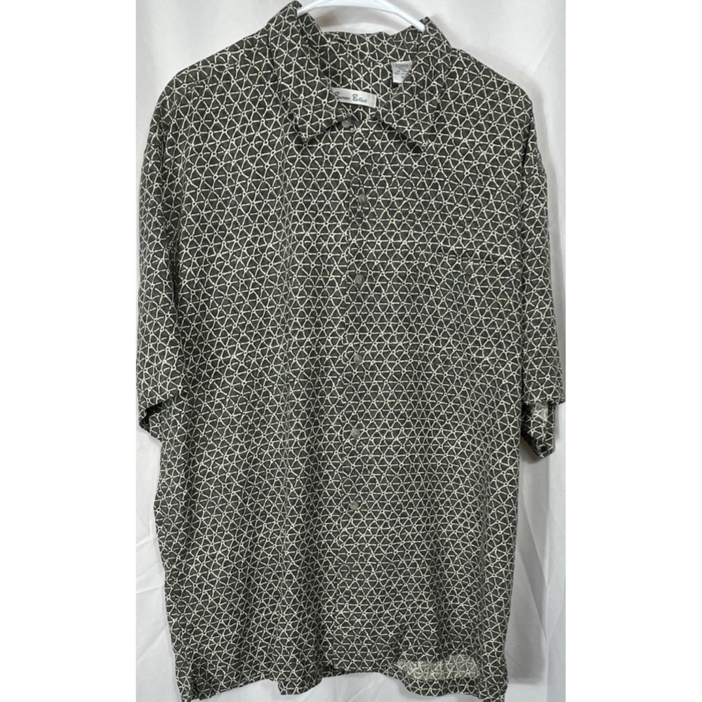 Burma Bibas Men's XL Short Sleeve Silk Green & Cream Geometric Button-Up Shirt